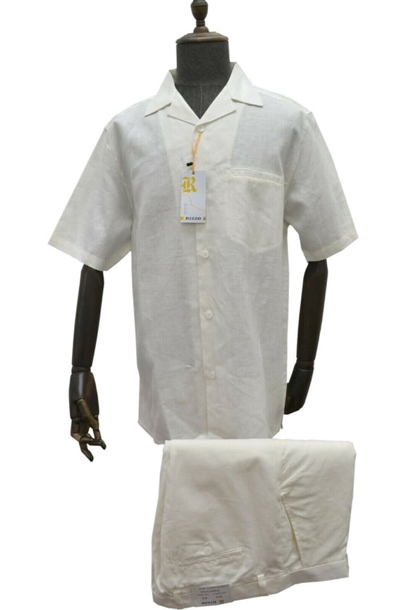 Mens Rizzo Walking Suit 2 Piece Solid Off White Linen Casual Set