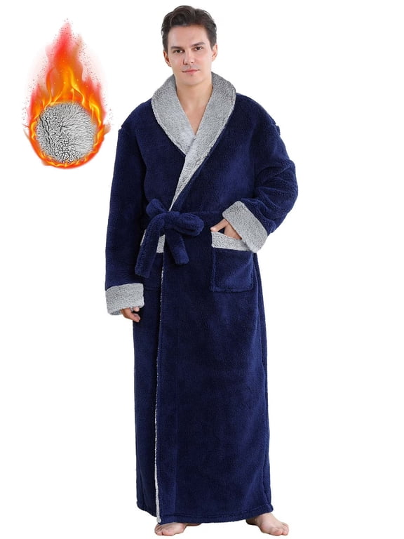 Mens Robe: AMITOFO Cozy Warm Soft Plush Fleece Robes for Men Long Length - Thick Winter Spa Bathrobe for Men Gifts with Pocket Navy Blue, L