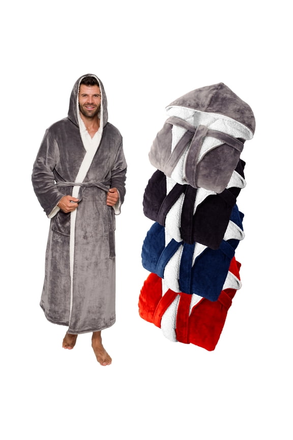 Mens Robe Big & Tall Sherpa Lined Hooded Robe (XX Large/XXX Large, Pewter Gray)