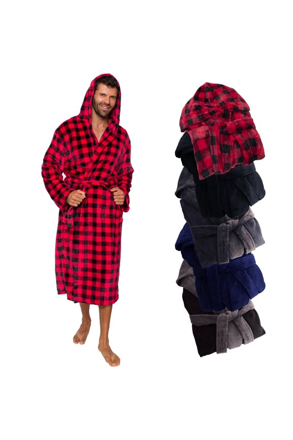 Mens Robe Buffalo Plaid Hooded Robe - Mid-Length Fleece (XX-Large/3X-Large, Crimson Red/Black)