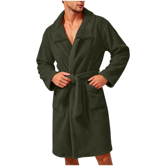Mens Robe Fuzzy Fleece Spa Bathrobe with Belt and Pockets Plush Shawl Collar Bath Robe for Men Army Green