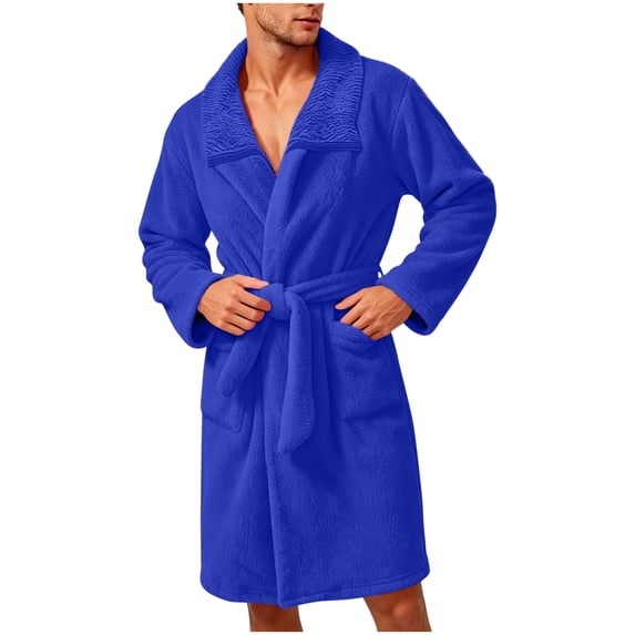Mens Robe Fuzzy Fleece Spa Bathrobe with Belt and Pockets Plush Shawl Collar Bath Robe for Men Blue