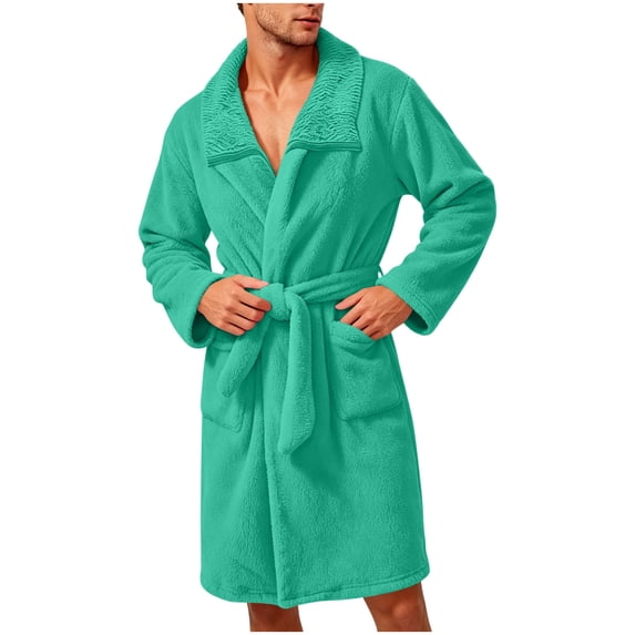 Mens Robe Fuzzy Fleece Spa Bathrobe with Belt and Pockets Plush Shawl Collar Bath Robe for Men Mint Green