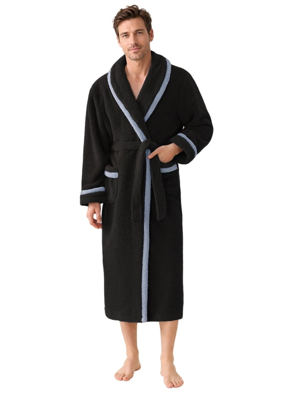 Mens Robe - LOFIR Plush Fleece Robes for Men, Long Warm Winter Thick Bathrobes, Soft Sleepwear with Shawl Collar and Pockets for Men, Black 2XL3XL
