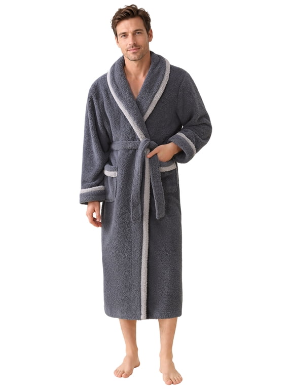 Mens Robe - LOFIR Plush Fleece Robes for Men, Long Warm Winter Thick Bathrobes, Soft Sleepwear with Shawl Collar and Pockets for Men, Gray LXL