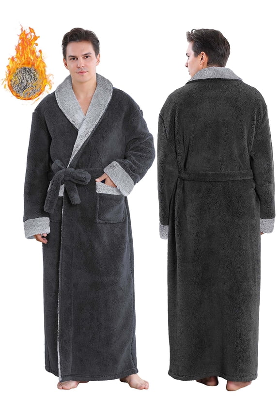 Mens Robe, PUTUO Robes for Men, Soft Plush Full Length Robe Winter Warm Fuzzy Luxury Spa Dressing Gown with Pockets Shawl Collar Housecoat