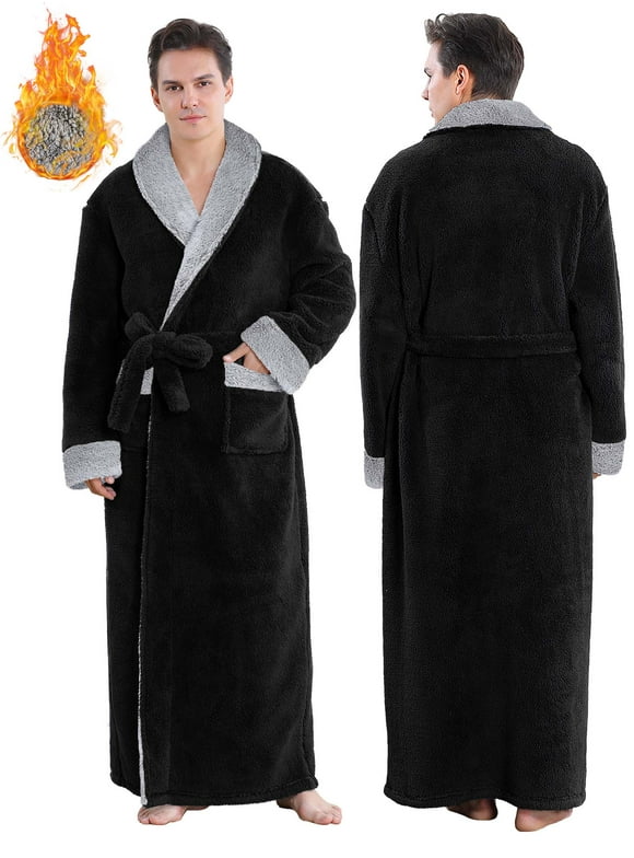 Mens Robe, PUTUO Robes for Men, Soft Plush Full Length Robe Winter Warm Fuzzy Luxury Spa Dressing Gown with Pockets Shawl Collar Housecoat