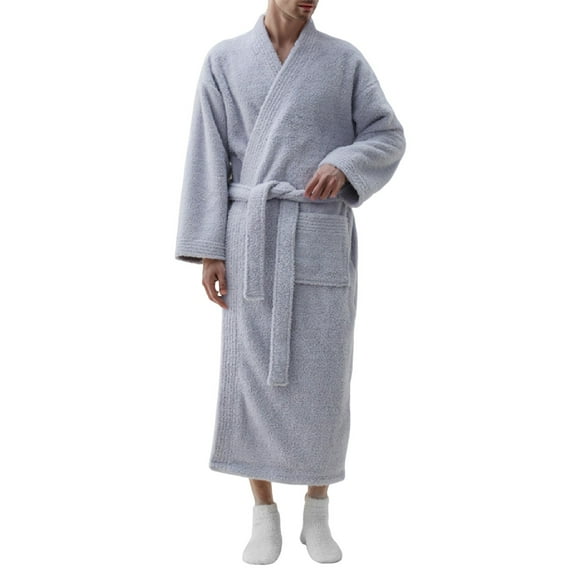 Mens Robe Thick Fleece Velvet Solid Color V Neck Bathrobe Mens Pjs Sets,Grey,2XL