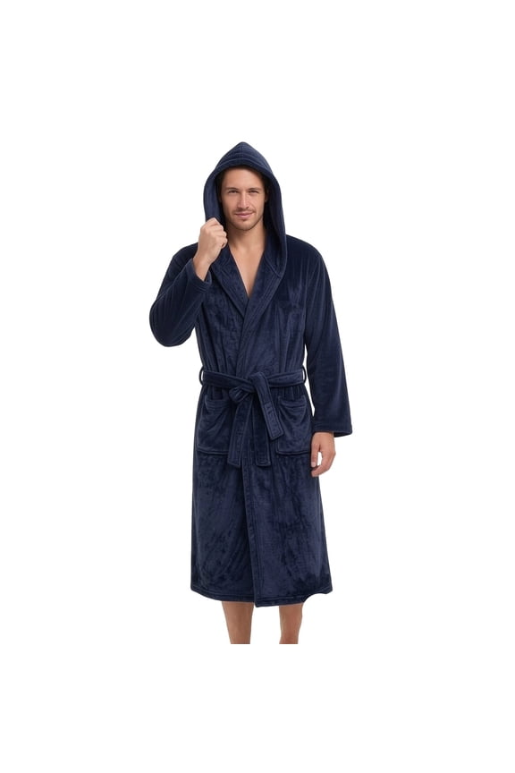 Mens Robe with Hood, Warm Ultra Cozy Plush Fleece Hooded Mens Flannel Bathrobe Long Fleece Bathrobe with Belt & 2 Pockets for Home and Spa