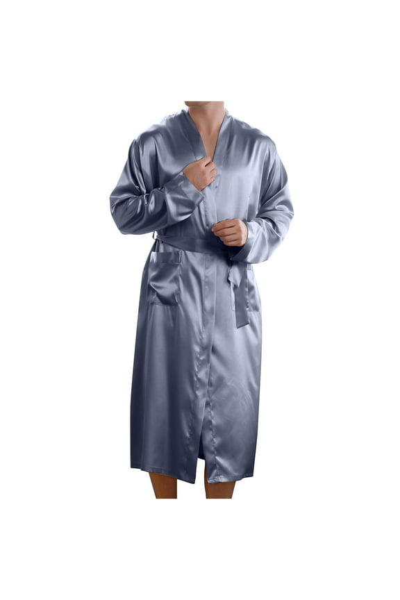 Mens Robes Big and Tall Clearance QIPOPIQ Men Solid Casual Long Sleeves Lace-up Home Pocket Long Pajama Robe