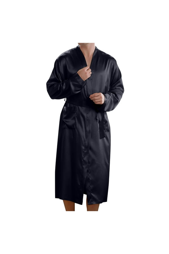 Mens Robes Big and Tall Clearance QIPOPIQ Men Solid Casual Long Sleeves Lace-up Home Pocket Long Pajama Robe