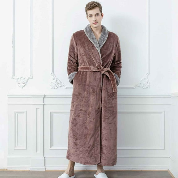 Mens Robes Plush Flannel Ankle Length Bathrobes with Pockets and Belt Couples Long Sleeve Lapel Solid Thermal Warm Fleece Loungewear Robe