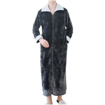 Mens Robes Plush Fleece with Pockets Long Sleeve Zip-Up Collared Bathrobes Casual Solid Color Thermal Warm Flannel Ankle Length Loungewear Bath Robe