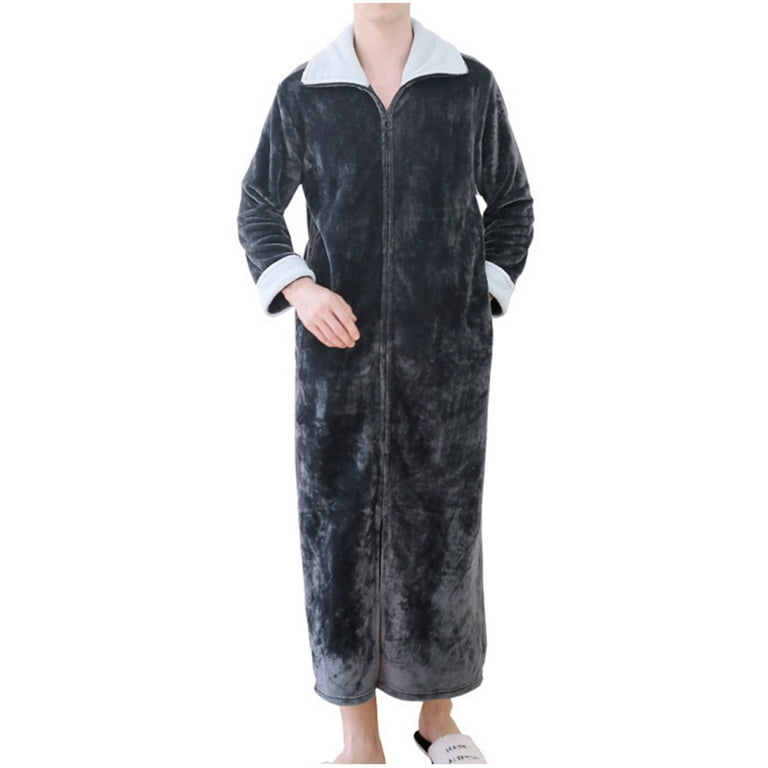 Mens Robes Plush Fleece with Pockets Long Sleeve Zip-Up Collared