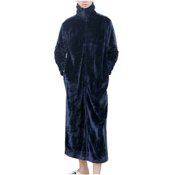 Mens Robes Plush Fleece with Pockets Long Sleeve Zip-Up Collared Bathrobes Casual Solid Color Thermal Warm Flannel Ankle Length Loungewear Bath Robe
