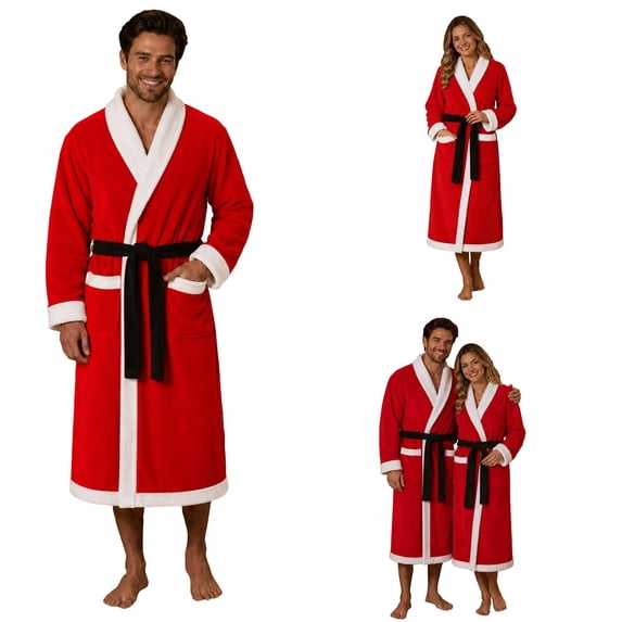Mens Robes Xmas Contrast Flannel Bathrobe Full Length Plush Long Robes Red S