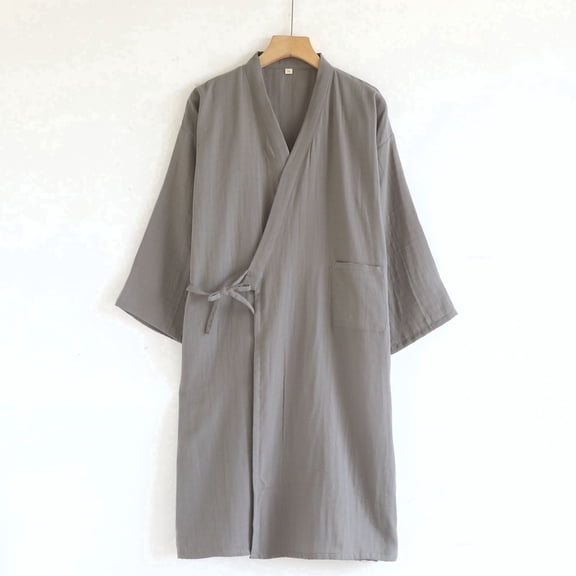 Mens Robes with Pocket Lightweight Long Sleeve Bathrobes Casual Solid Color Breathable Tie Side V Neck Loungewear Bath Robe Sleepwear Pajamas