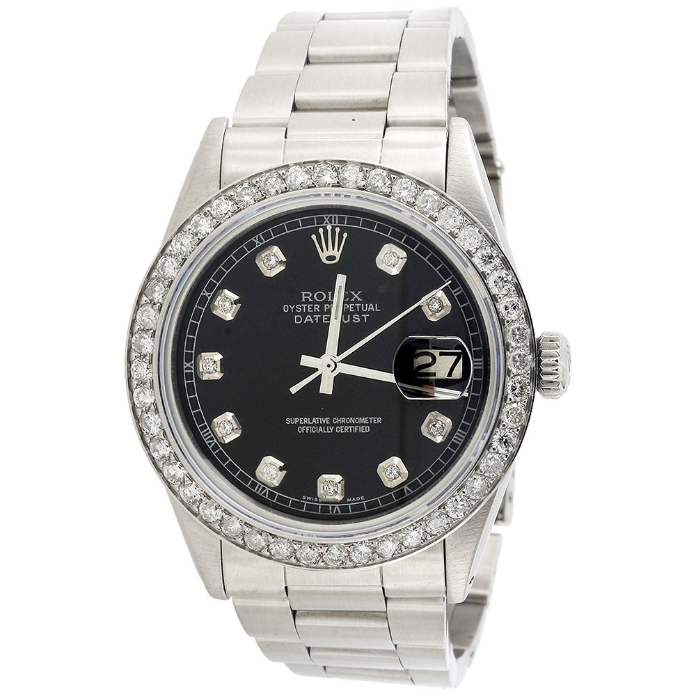 Mens Rolex 36mm DateJust Diamond Watch Oyster Steel Band Custom Black Dial 2 CT. - PreOwned - image 1 of 10