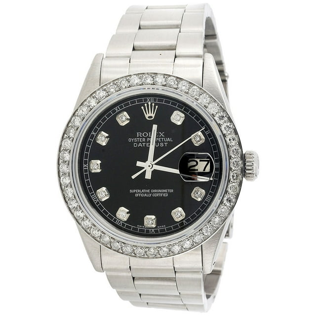 Mens Rolex 36mm DateJust Diamond Watch Oyster Steel Band Custom Black Dial 2 CT. - PreOwned