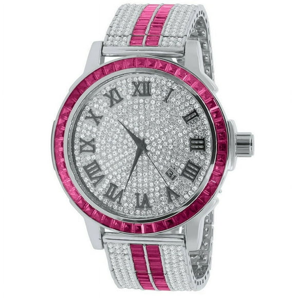 Mens Roman Face Pink Tourmaline Steel Baguette Solitaire Bezel Custom Adjustable Band Watch W/Date