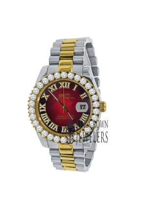 Mens Roman Face Ruby Red Dial Full Stainless Steel 18k 2 Tone Gold Diamond Watch 42mm