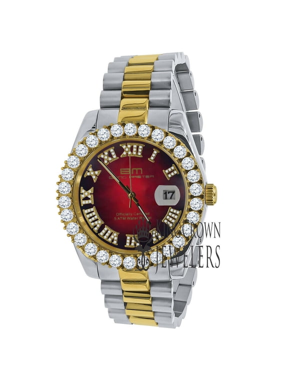 Mens Roman Face Ruby Red Dial Full Stainless Steel 18k 2 Tone Gold Diamond Watch 42mm