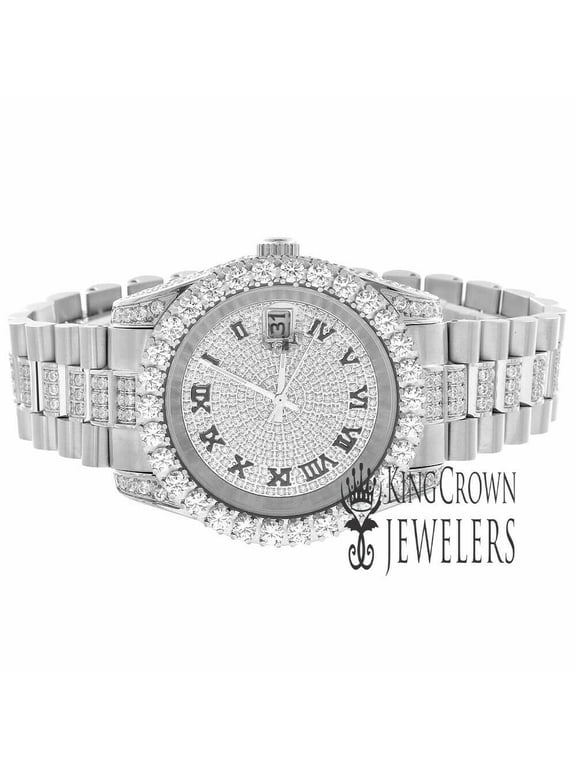 Mens Roman Number Stainless Steel Solitaire Simulated Diamonds White Gold Tone Presidential Link Watch