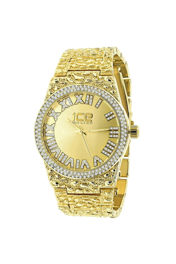 Mens Roman Numeral Dial Gold Tone Nugget Style Simulated Diamond Metal Band Watch