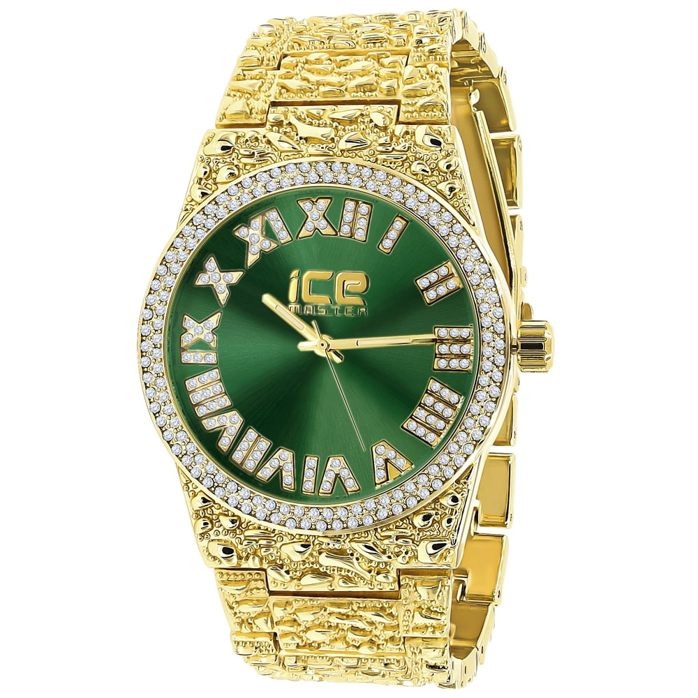 Mens Roman Numeral Dial Green Face Gold Tone Nugget Style Simulated Diamond Metal Watch