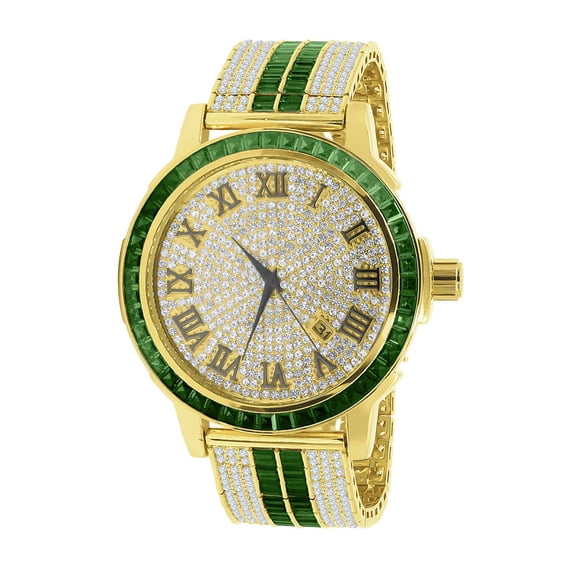 Mens Roman Numeral Dial Solid Steel Bezel Simulated Diamond Emerald Green Custom Adjustable Band Watch W/Date