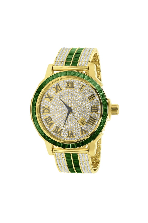 Mens Roman Numeral Dial Solid Steel Bezel Simulated Diamond Emerald Green Custom Adjustable Band Watch W/Date