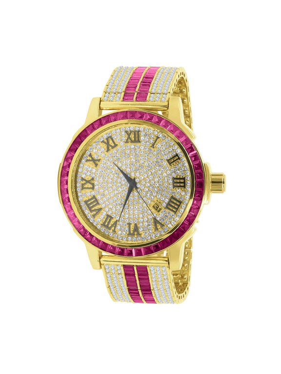 Mens Roman Numeral Pink Dial Solid Steel Bezel Gold Tone Simulated Diamond Custom Adjustable Band Watch W/Date