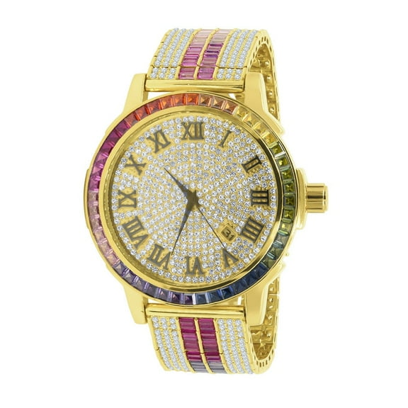 Mens Roman Numeral Rainbow Face Multi Solid Steel Bezel Gold Tone Simulated Diamond Custom Adjustable Band Watch W/Date