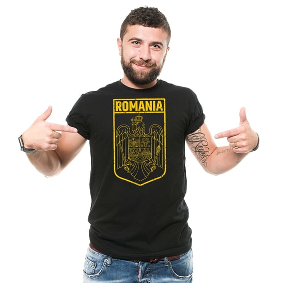 Mens Romania Patriotic Flag Shirt Romania National Flag Logo Country Tee Coat Of Arms Shirt (3X-Large Black)