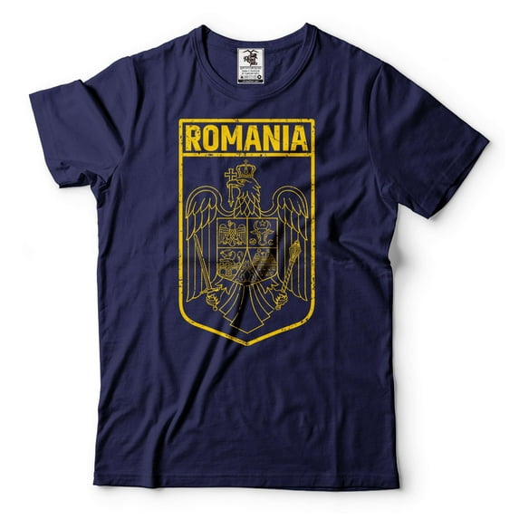 Mens Romania Patriotic Flag Shirt Romania National Flag Logo Country Tee Coat Of Arms Shirt (3X-Large Navy Blue)