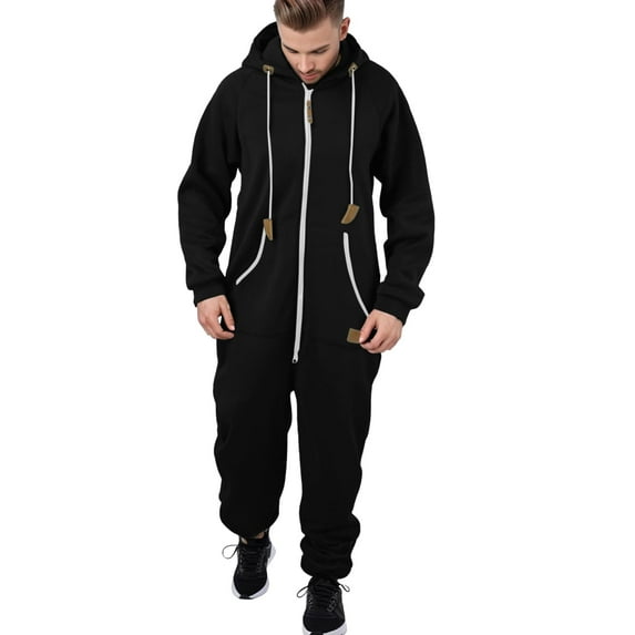 Mens Romper Men's Autumn Winter Warm Splicing Casual Hooded Zipper Solid Pocketed Jumpsuits Adult Onesies for Men Black L
