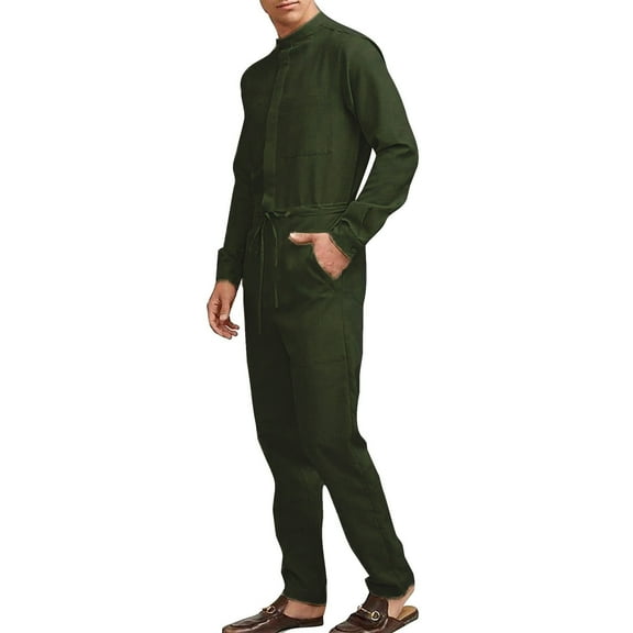 Mens Romper Men's Large Size Solid Color Overalls Casual Zipper Stand Up Collar Jumpsuits Mens Jumpsuit Green XL