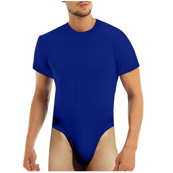 Mens Romper Men's Short Sleeve Solid Color Breathable Basic Triangular Onesie Pajamas Adult Onesies for Men Blue XL