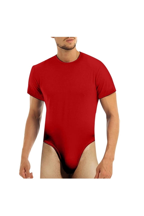 Mens Romper Men's Short Sleeve Solid Color Breathable Basic Triangular Onesie Pajamas Adult Onesies for Men Red XXL