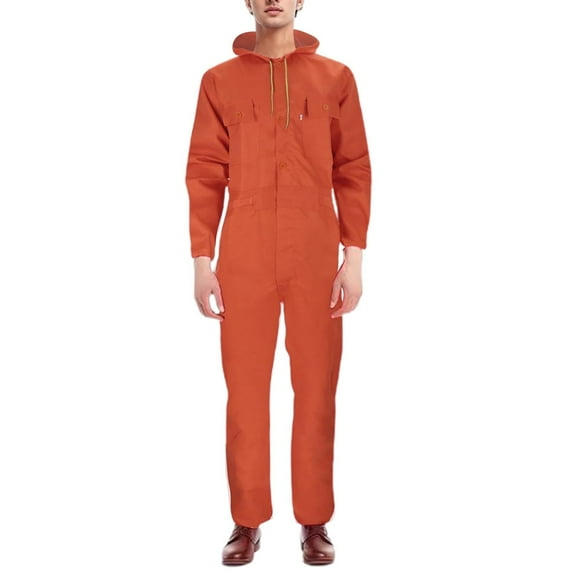 Mens Rompers for Adults Men's Large Size Solid Long Sleeve Hooded Jeans Jumpsuits Pants with Multiple Pockets Mens Jumpsuit Orange M