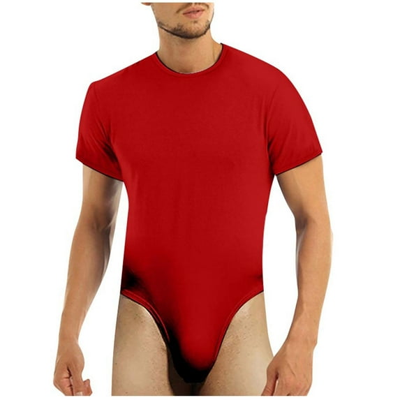 Mens Rompers for Adults Men's Short Sleeve Solid Color Breathable Basic Triangular Onesie Pajamas Mens Jumpsuit Red S