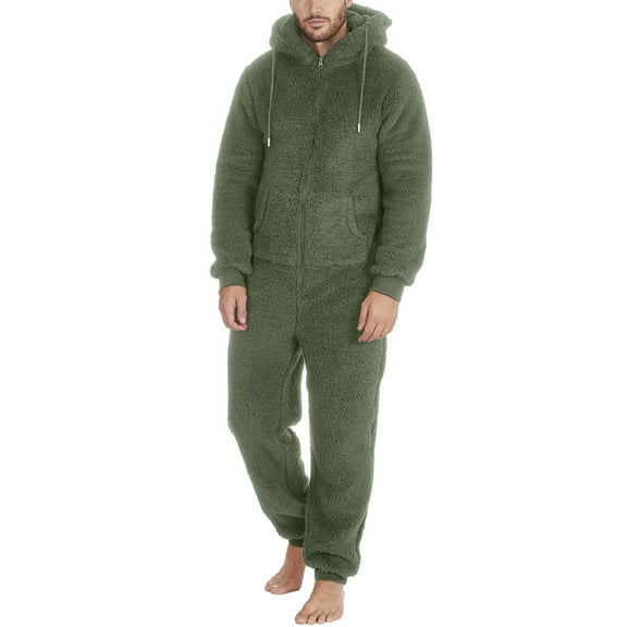 Mens Rompers for Adults Men's Winter Thick Warm Long Sleeve Casual Solid Zipper Loose Hooded Jumpsuits Pajamas Mens Jumpsuit Army Green L