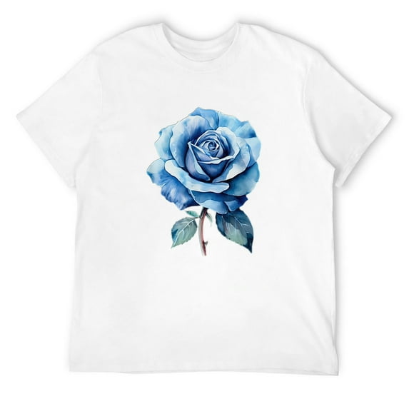 Mens Rose Flower Floral Blue T-Shirt White X-Large