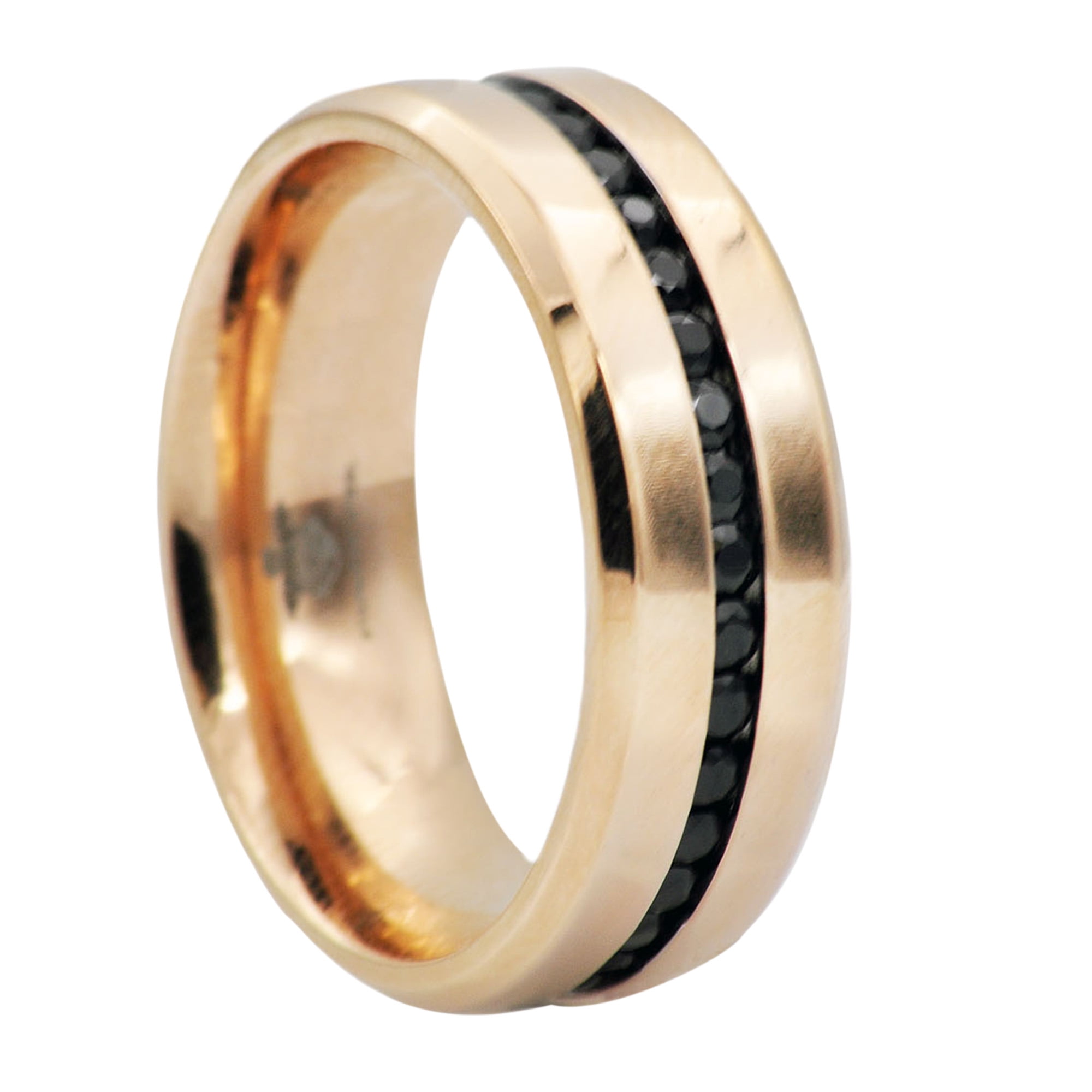 Mens Rose Gold Plated Stainless Steel Band With Black Cubic Zirconia
