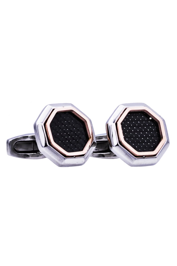 Mens Rose Gold Plated Stainless Steel Cuff Links With Black Carbon Fiber