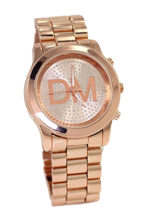 Mens Rose Gold Tone CZ Clubbing DM watch 45mm 13mm thick case. Bing dial, 24mm wide rose tone metal mash strap fits 8 inches wrist.