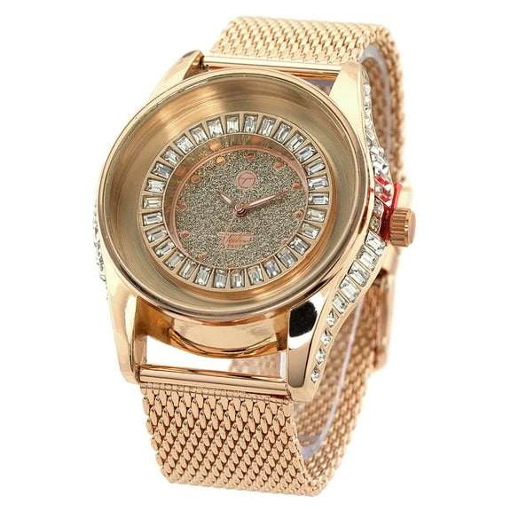 Mens Rose Gold Tone CZ Clubbing watch 47mm 14mm thick 24mm wide rose tone metal mash strap fits 9.5 inches wrist.
