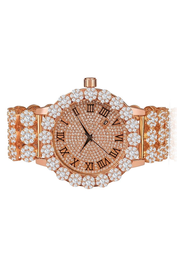 Mens Rose Gold Tone Flower Cluster Roman Numerical Dial Simulated Diamonds Khronos Custom Watch W/Date