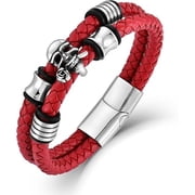 Mens Rose Skull Bracelet, Two Row Leather Braided Steel Skeleton Bracelet Wristband Bangle Gothic Punk Rock Jewelry for Men, 8.3 Inch