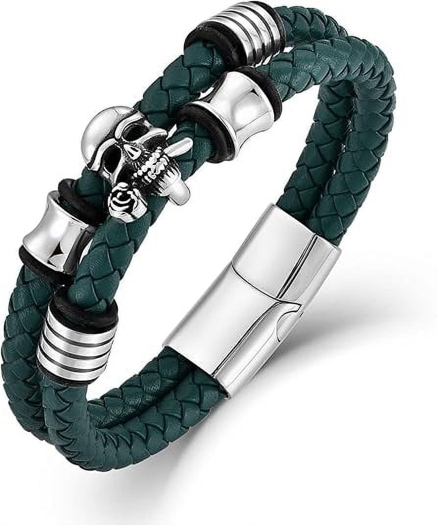 Punk Style Black Braided Leather & Skull Stainless Steel Magnetic Bracelet - Unisex